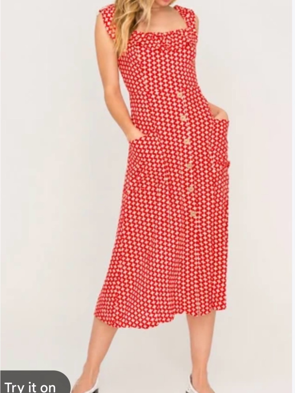Lush Red Printed Midi Dress with Square Neck and Buttons